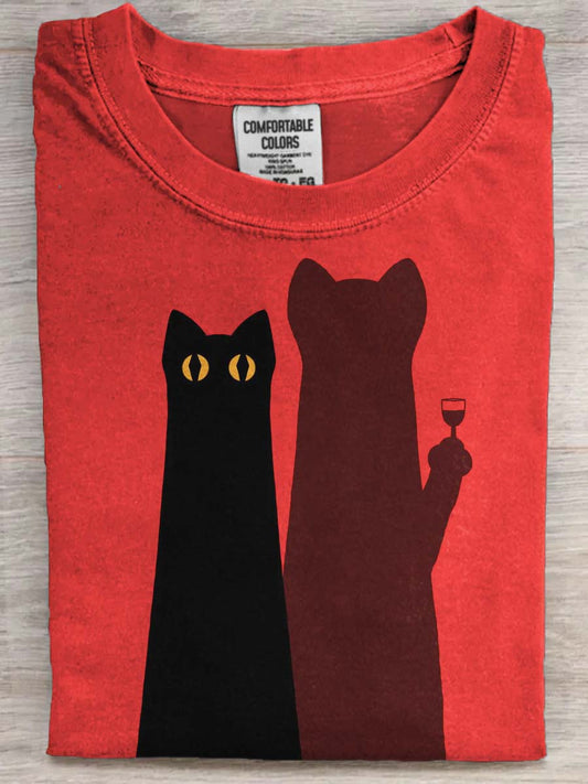 Black Cat Silhouette Wine Glass Print Casual Short-Sleeve T-Shirt