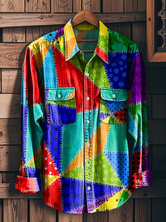 Rainbow Tie-Dye Patchwork Print Casual Long-Sleeve Shirt