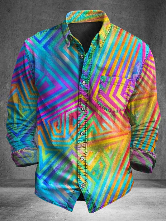 Rainbow Optical Illusion Geometric Print Casual Long-Sleeve Shirt
