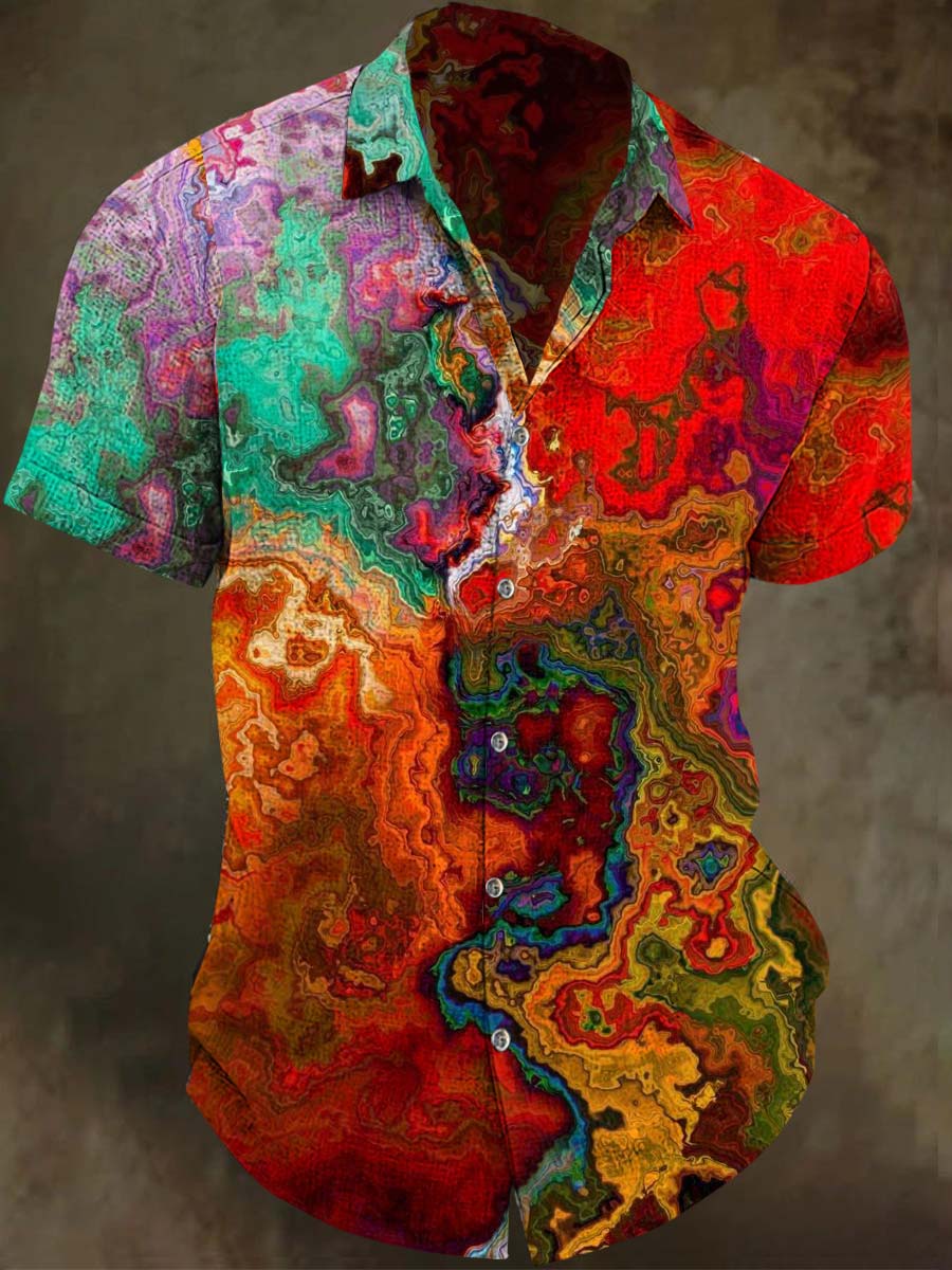 Fluid Oil Painting Color-Block Short-Sleeve Shirt