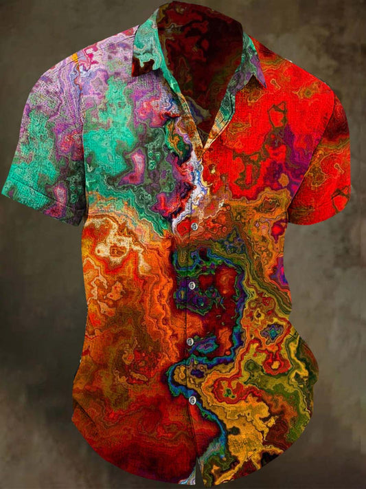Fluid Oil Painting Color-Block Short-Sleeve Shirt