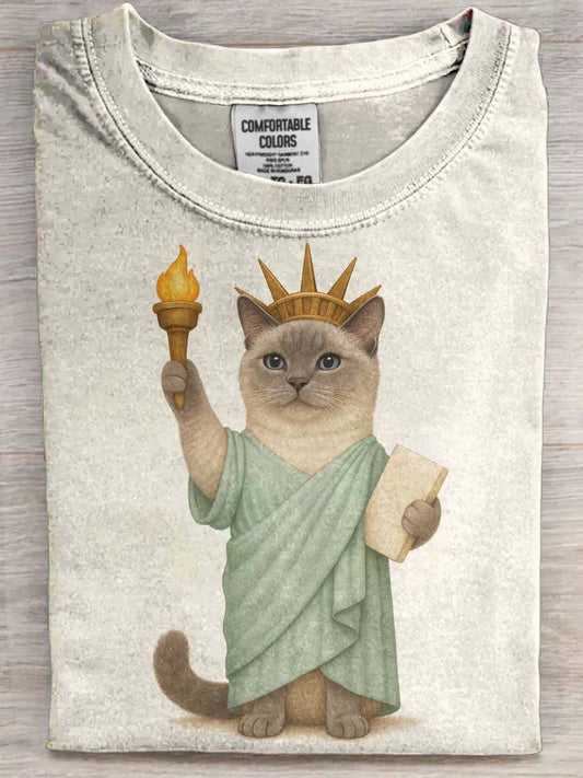 Statue of Liberty Cat Print Casual Short-Sleeve T-Shirt