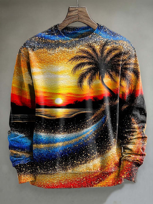 Starry Sky Coconut Tree Seaside Print Casual Crewneck Sweatshirt
