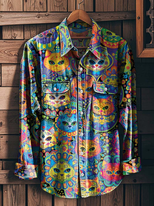 Psychedelic Cat All-Over Print Casual Long-Sleeve Shirt