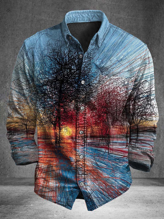 Abstract Line Art Sunset Floral Casual Long-Sleeve Shirt
