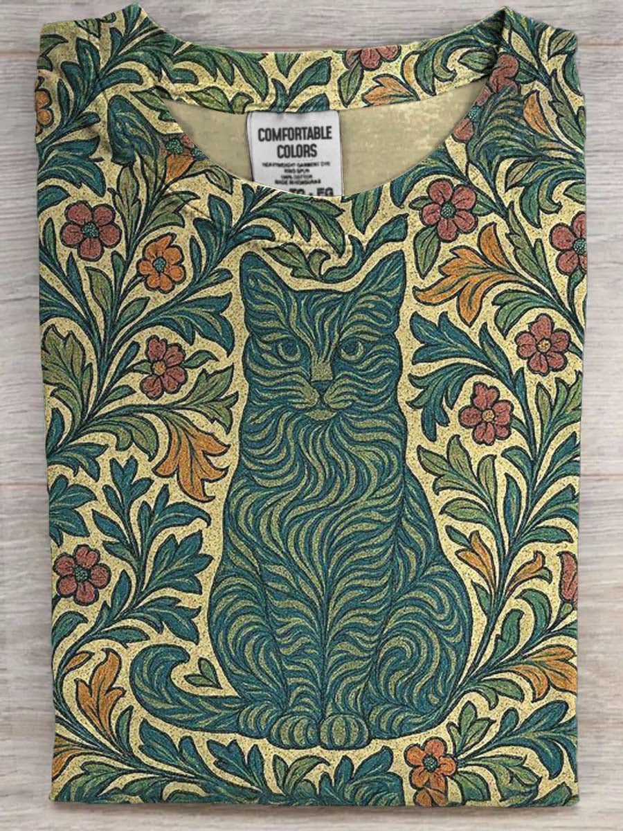 Retro Floral Camouflage Cat Print Casual Short-Sleeve T-Shirt