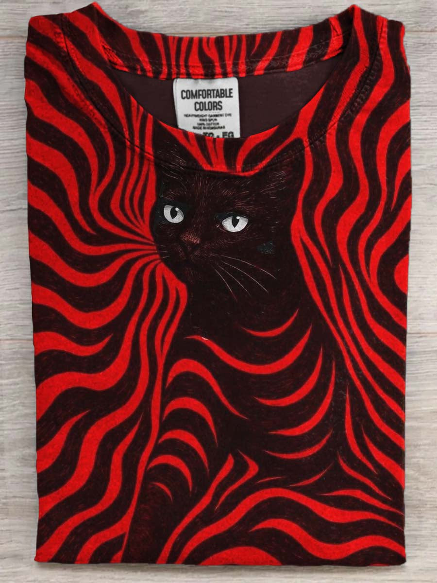 Abstract Optical Illusion Black Cat Print Casual Short-Sleeve T-Shirt