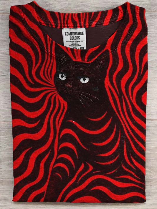 Abstract Optical Illusion Black Cat Print Casual Short-Sleeve T-Shirt