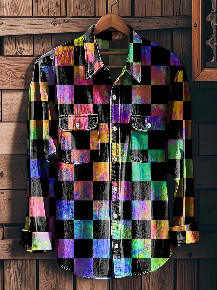 Iridescent Plaid Print Casual Long-Sleeve Shirt