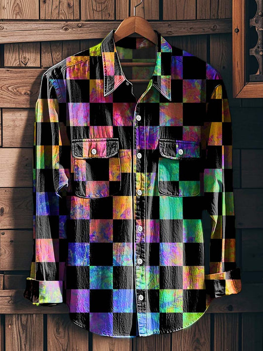 Iridescent Plaid Print Casual Long-Sleeve Shirt