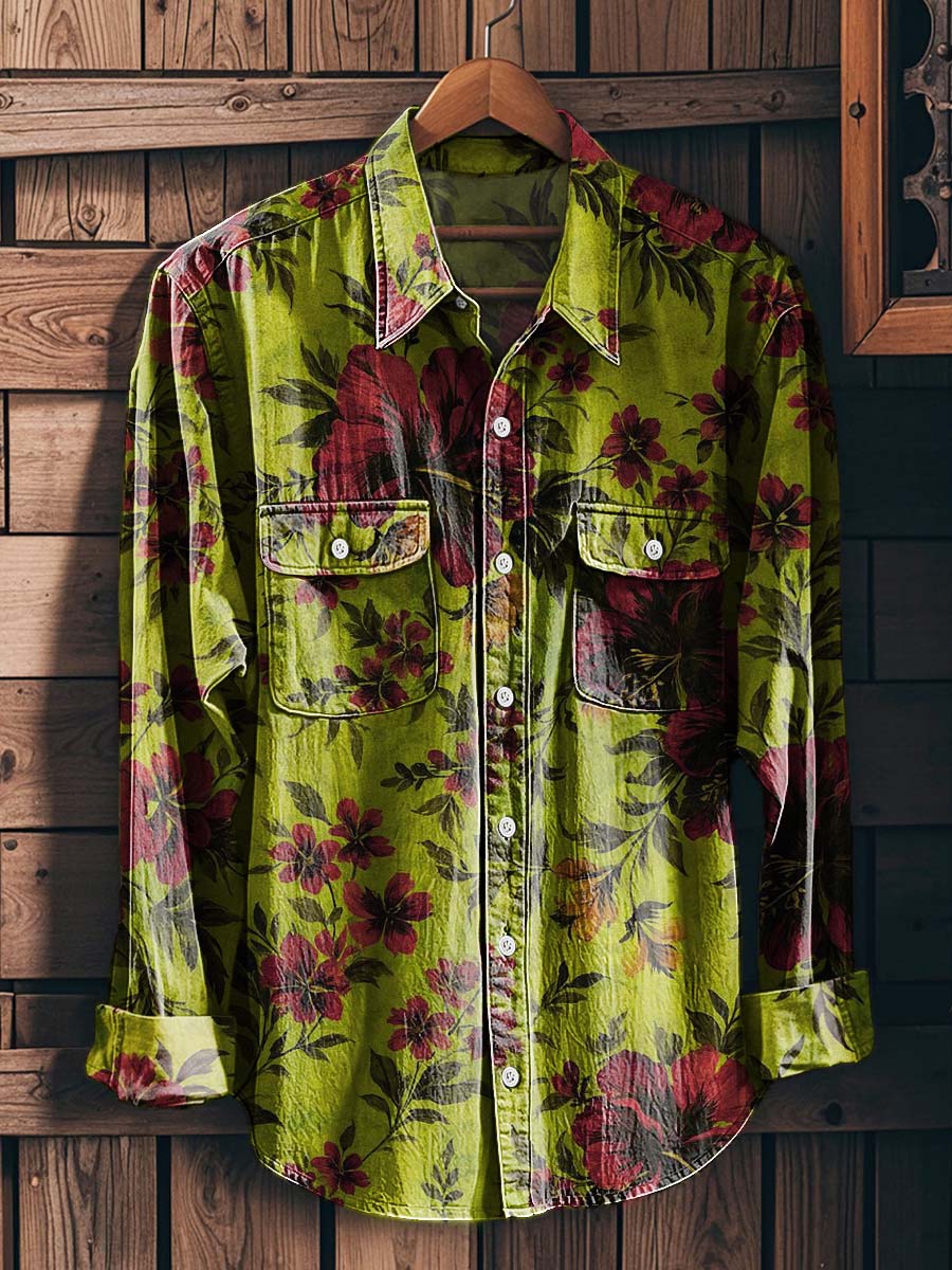 Vintage Distressed Floral Print Casual Long-Sleeve Shirt