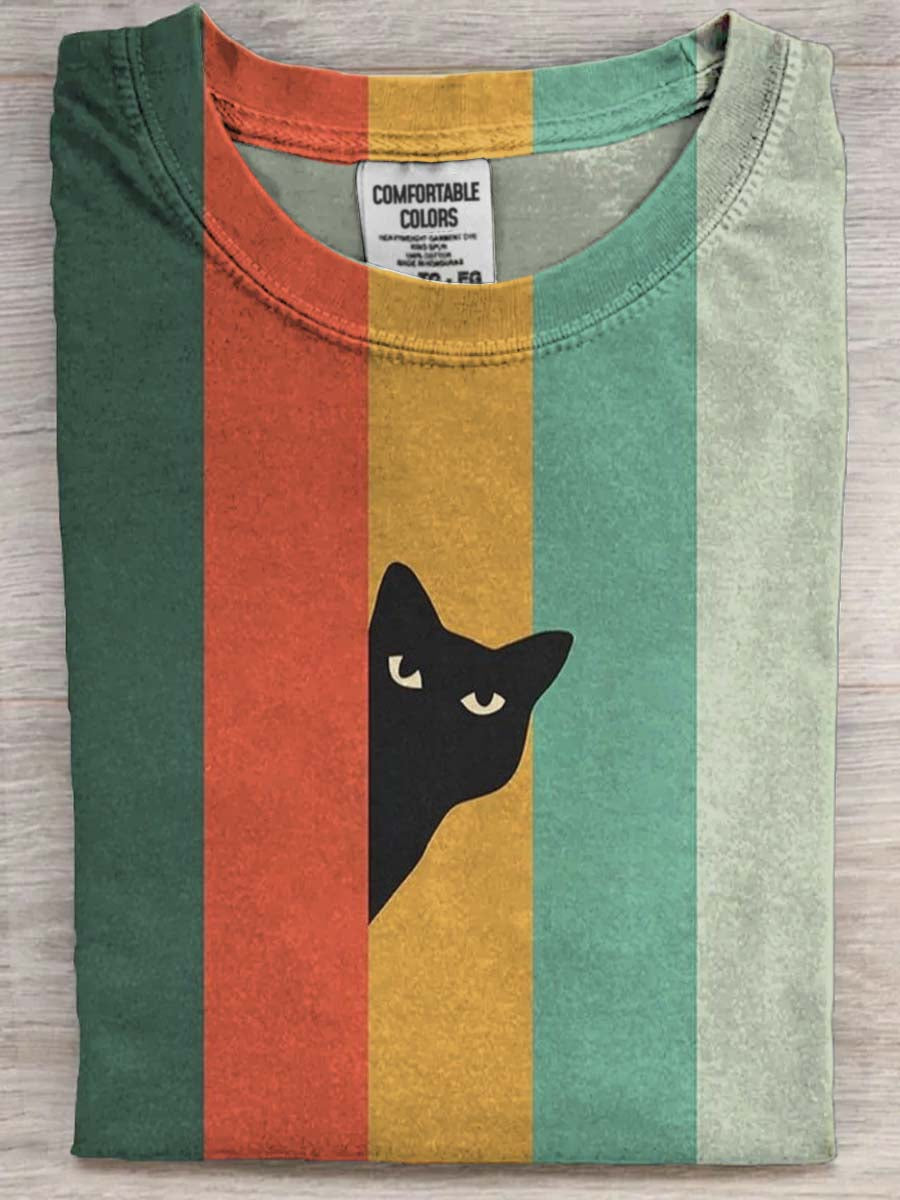 Retro Striped Hide-and-Seek Print Casual Short-Sleeve T-Shirt