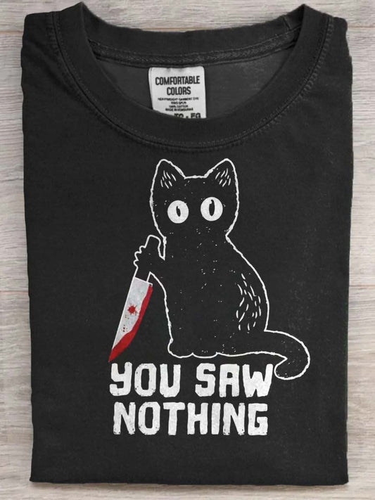 Dark-themed Cat with Knife Print Casual Short-Sleeve T-Shirt