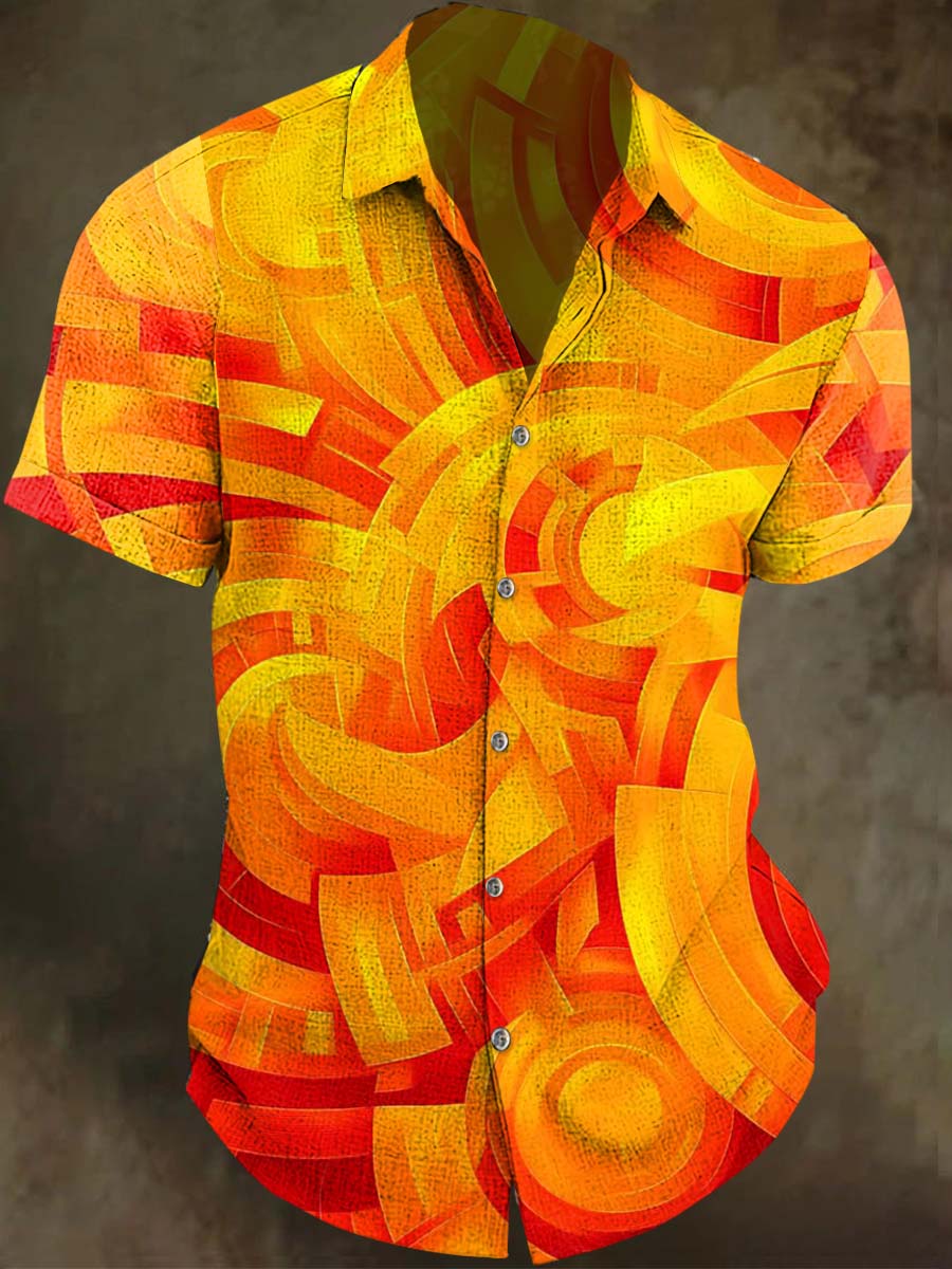 Orange-Yellow Radiating Geometric Print Casual Short-Sleeve Shirt