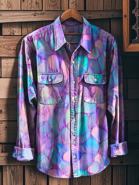 Iridescent Cellular Texture Print Casual Long-Sleeve Shirt