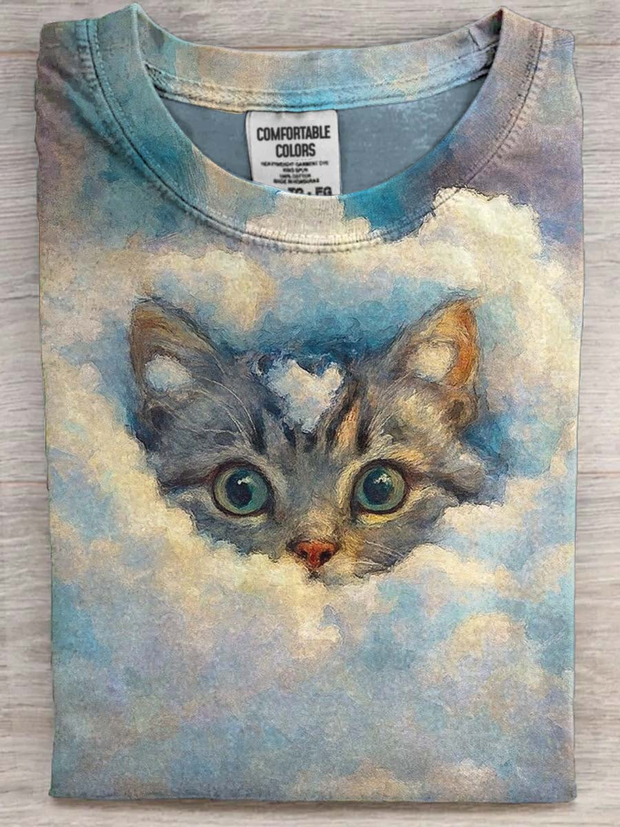 Oil Painting Storm Kitten Print Casual Short-Sleeve T-Shirt