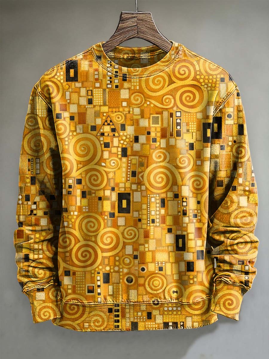 Geometric Blocks and Swirl Texture Print Casual Crewneck Sweatshirt