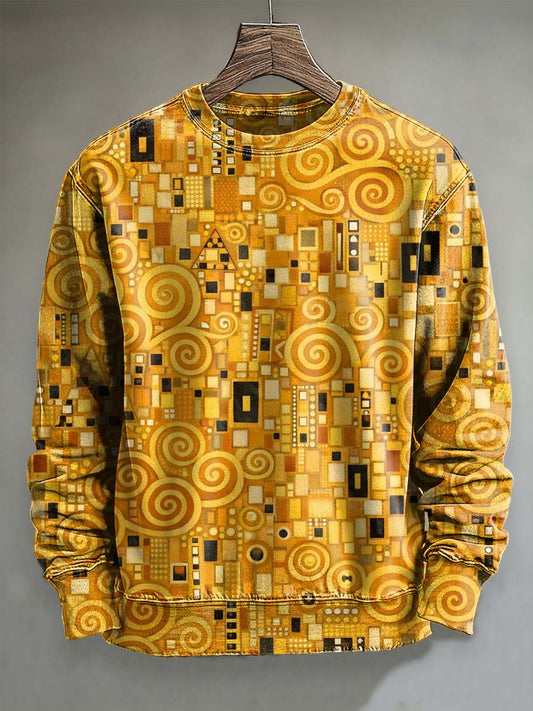 Geometric Blocks and Swirl Texture Print Casual Crewneck Sweatshirt