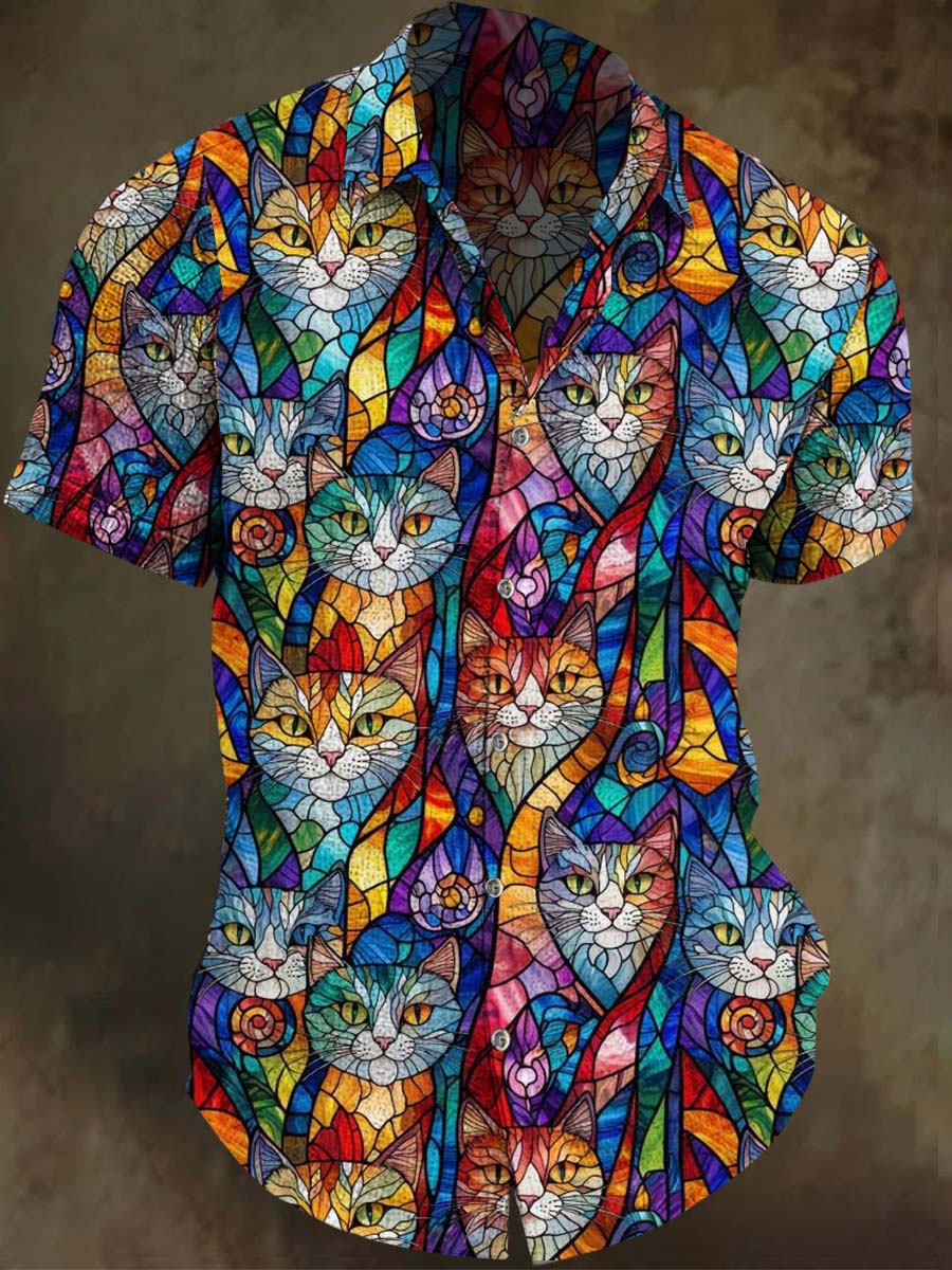 Stained Glass Cat Print Casual Short-Sleeve Shirt