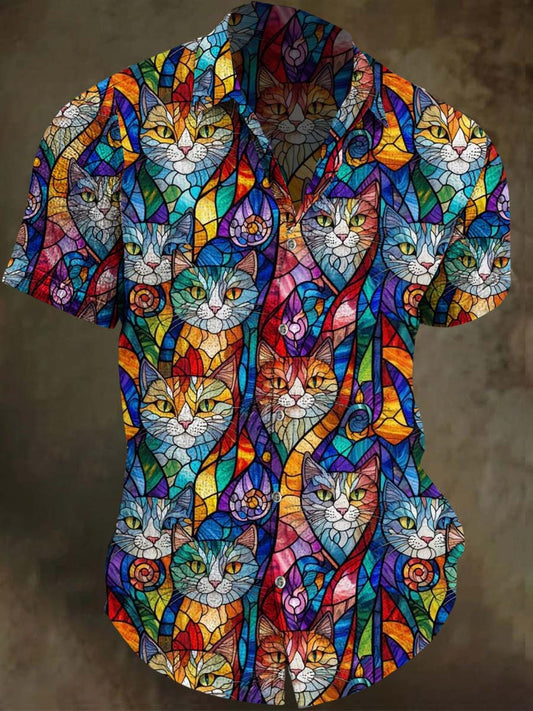 Stained Glass Cat Print Casual Short-Sleeve Shirt
