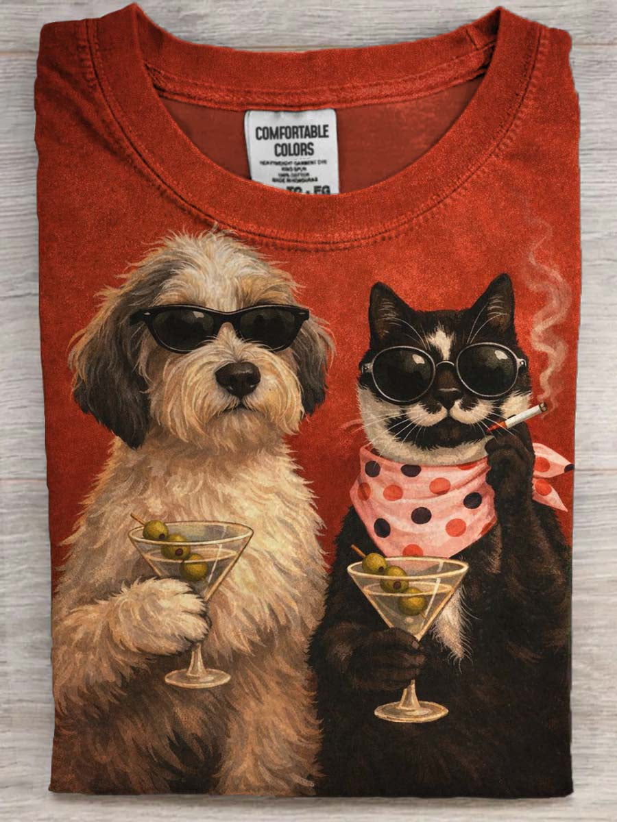 Cat and Dog Party Print Casual Short-Sleeve T-Shirt