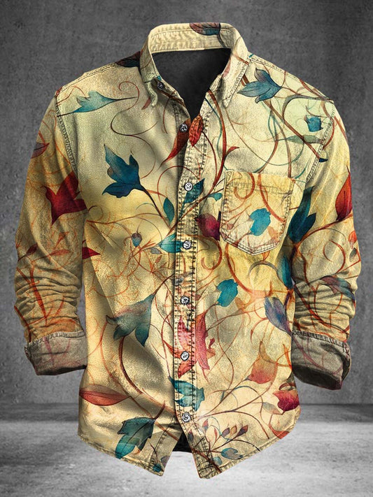 Watercolor Autumn Leaf Print Casual Long-Sleeve Shirt