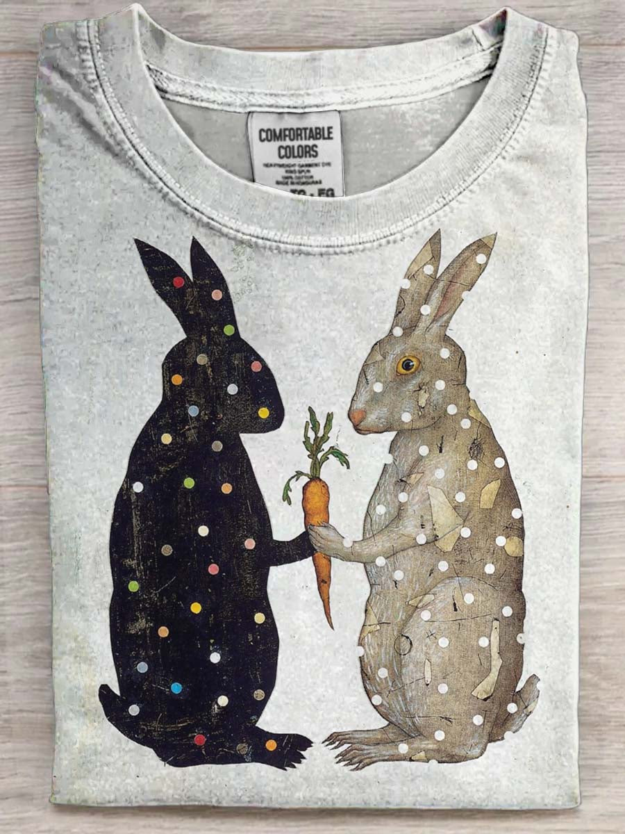 Rabbit and Carrot Print Casual Short-Sleeve T-Shirt