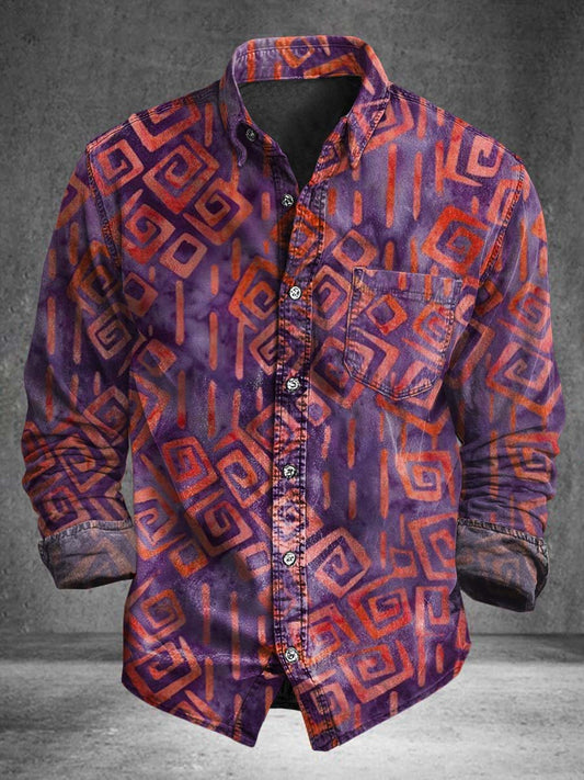 Contrast-Color Geometric Print Casual Long-Sleeve Shirt