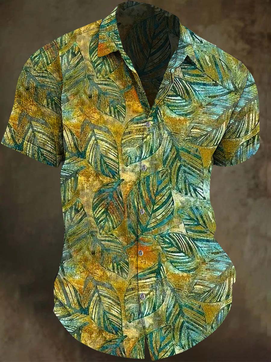 Yellow-Green Palm Leaf Print Casual Short-Sleeve Shirt