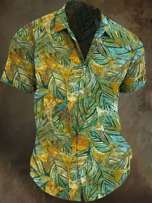 Yellow-Green Palm Leaf Print Casual Short-Sleeve Shirt