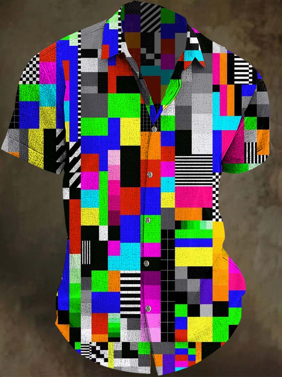 High-Saturation Geometric Patchwork Print Casual Short-Sleeve Shirt