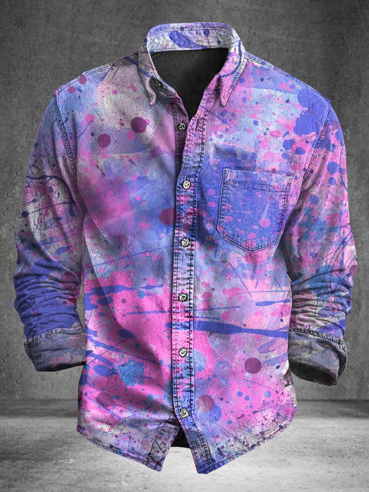 Purple-Pink Splash-Dyed Tie-Dye Print Casual Long-Sleeve Shirt