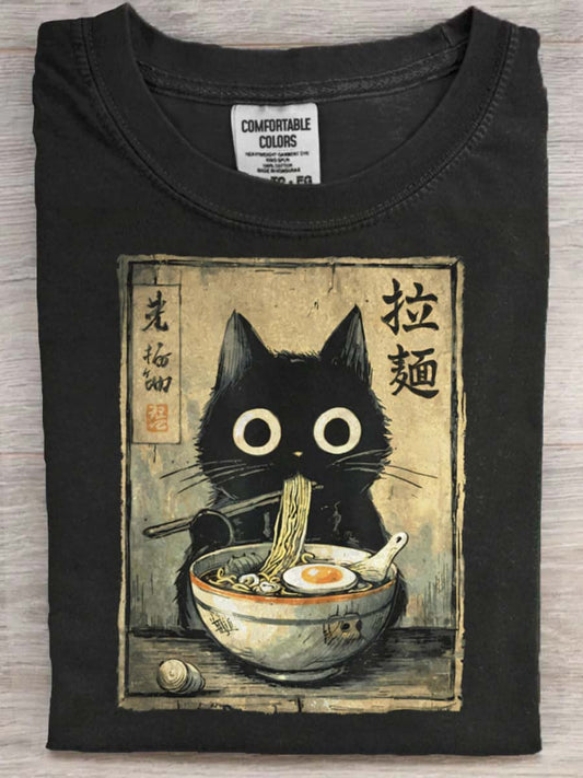 Ramen Cat Print Casual Short-Sleeve T-Shirt