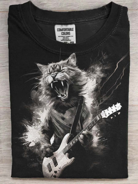 Rockin' Cat Print Casual Short-Sleeve T-Shirt