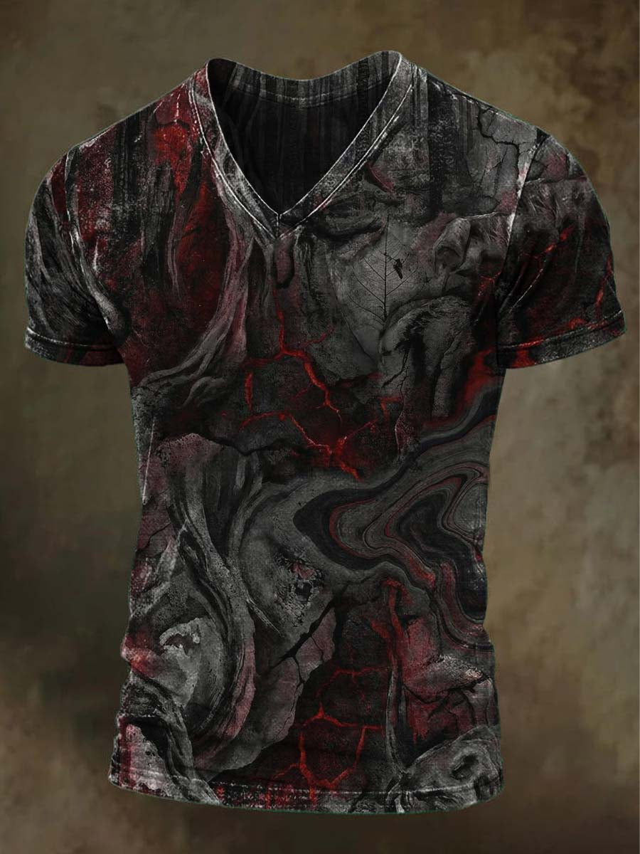 Black & Red Lava Texture Print Casual Short-Sleeve T-Shirt