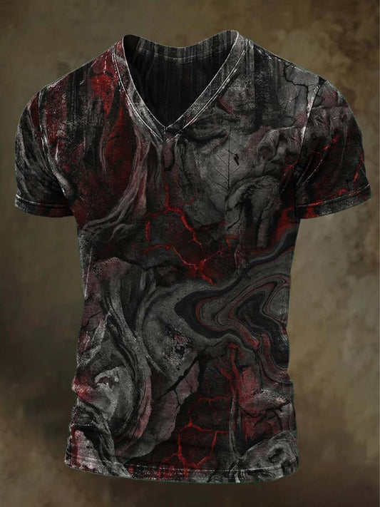 Black & Red Lava Texture Print Casual Short-Sleeve T-Shirt