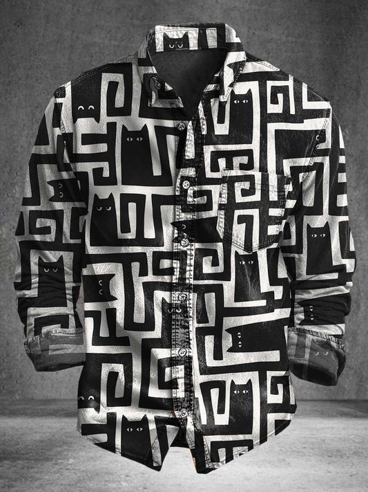 Abstract Maze Cat Print Casual Long-Sleeve Shirt