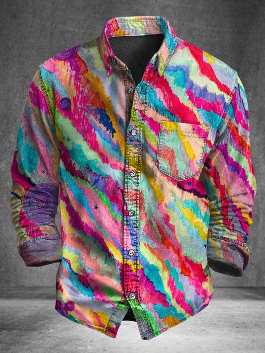 Rainbow Twill Tie-Dye Print Casual Long-Sleeve Shirt