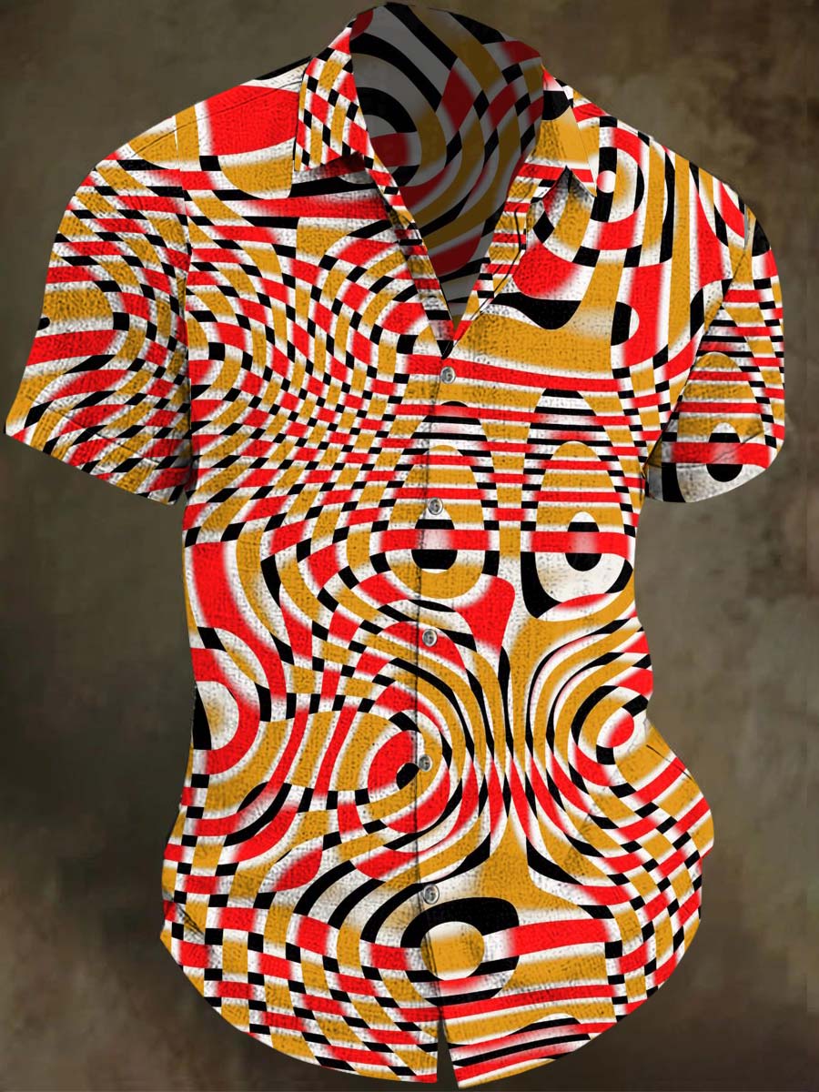 Contrasting Color Flowing Wave Pattern Printed Casual Short-Sleeve Shirt