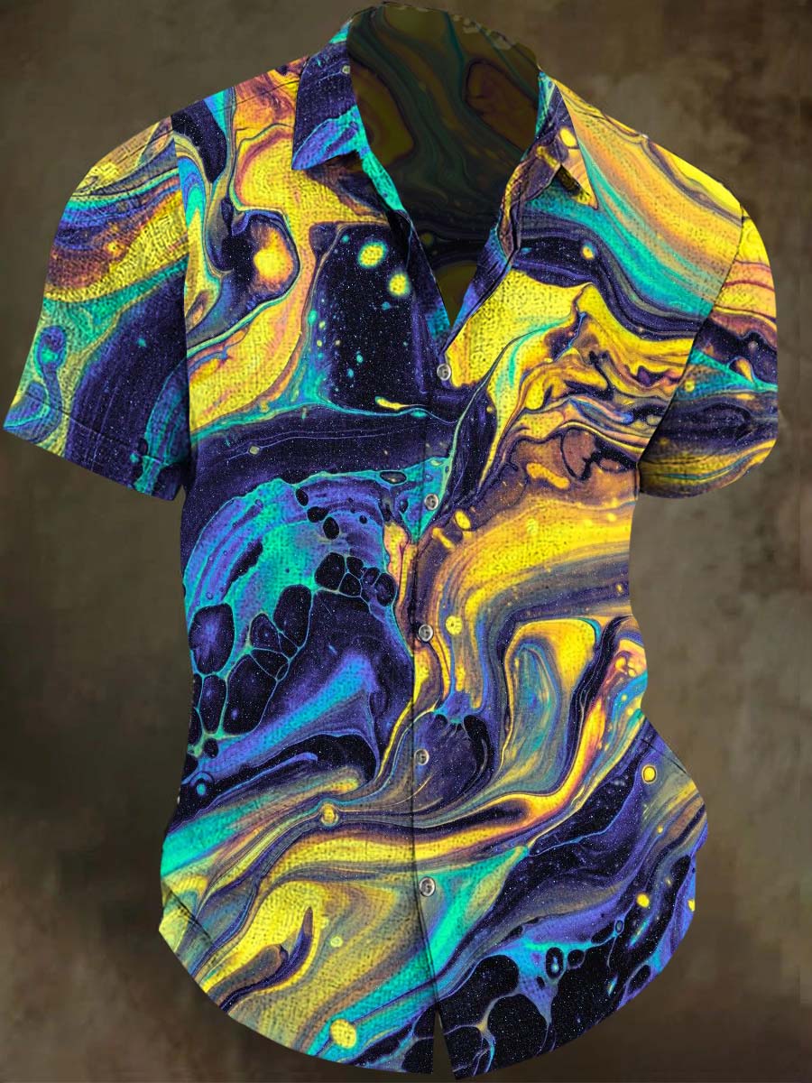 Iridescent Fluid Nebula Print Casual Short-Sleeve Shirt