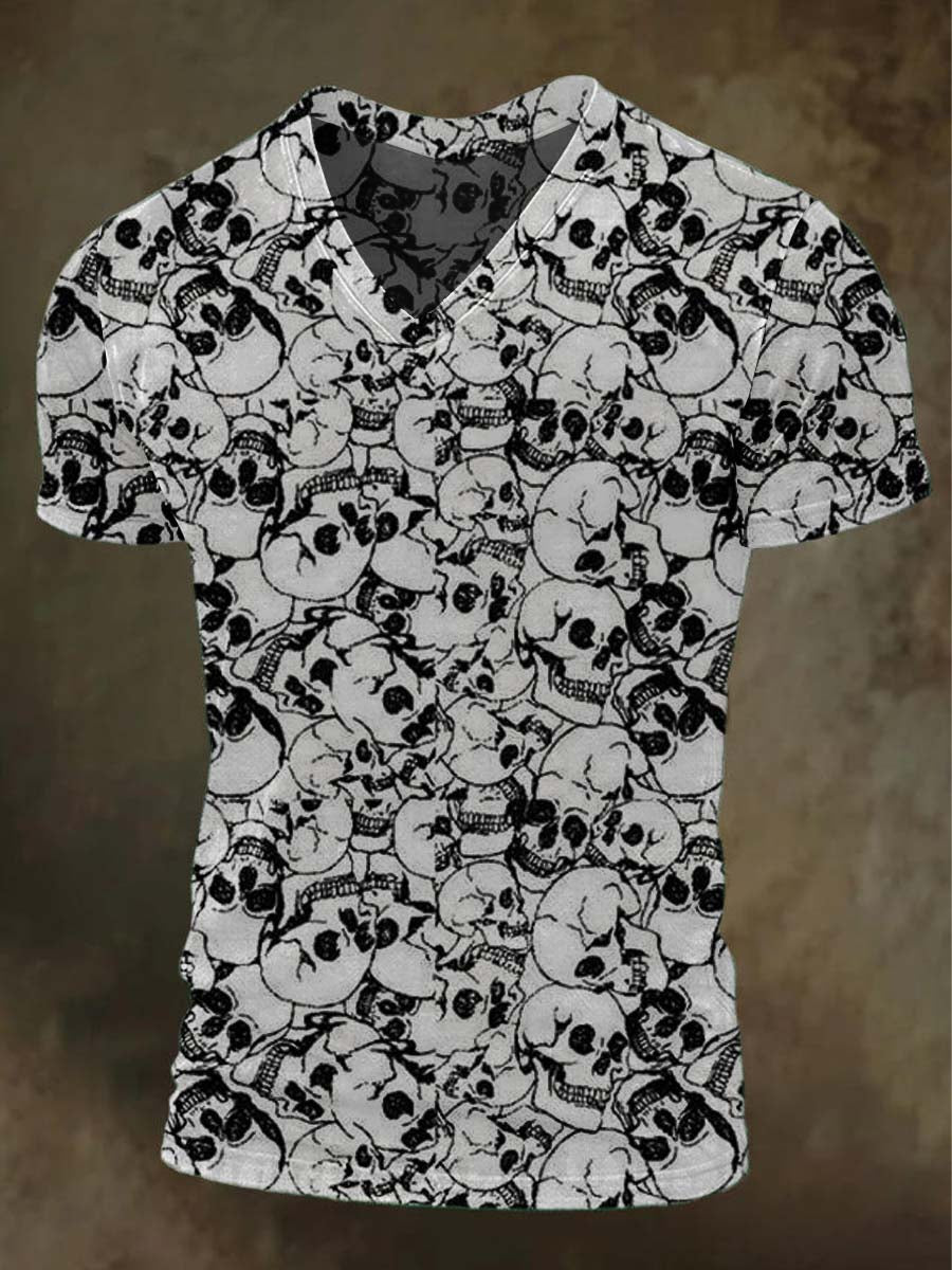 Black and White Skull Print Casual Short-Sleeve T-Shirt