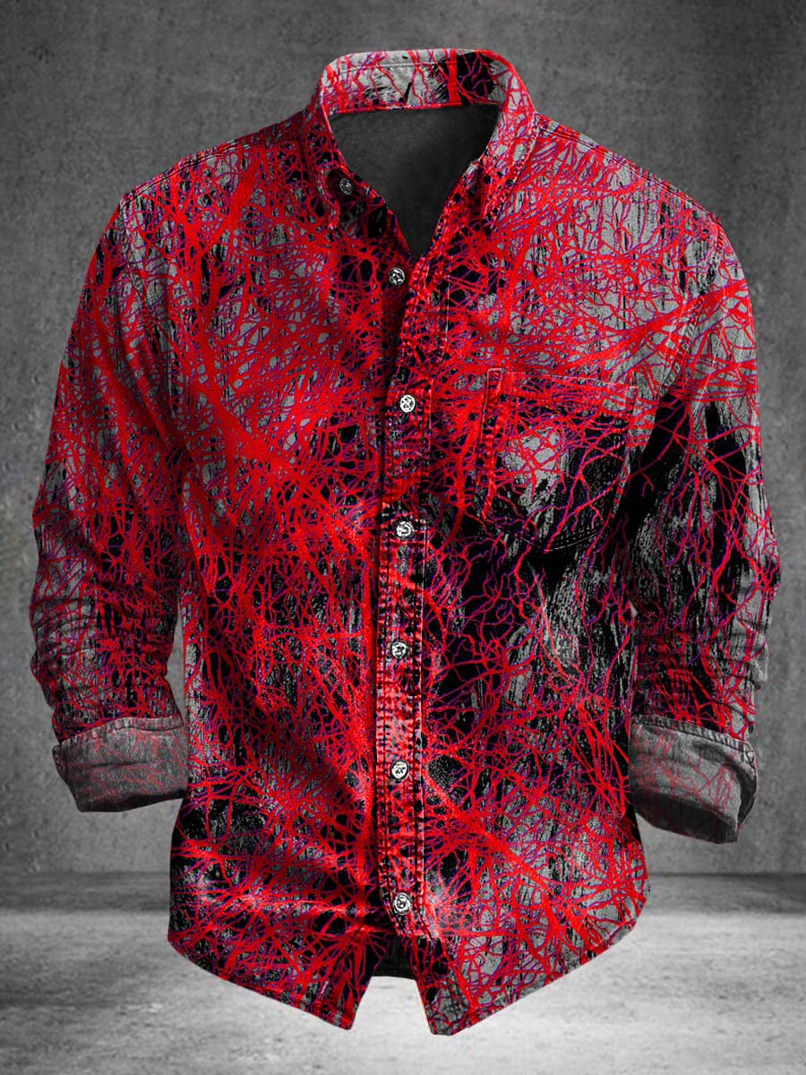 Red and Black Spider Web Textured Print Casual Long-Sleeve Shirt