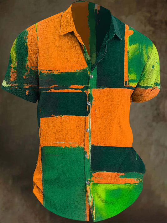 Contrast-Color Geometric Print Casual Short-Sleeve Shirt