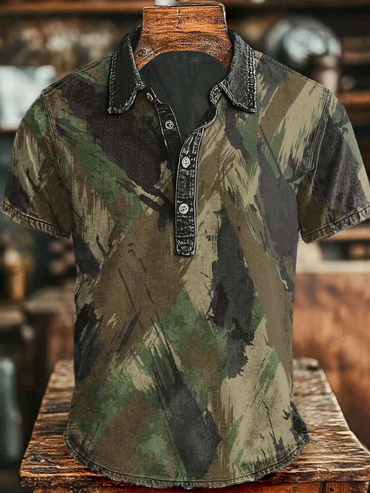 Camouflage Brushstroke Textured Print Casual Short-Sleeve Polo Shirt