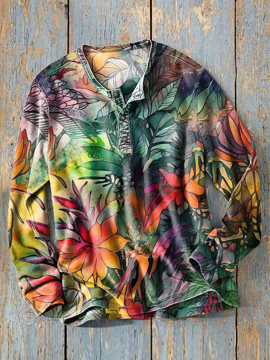 Watercolor Tropical Floral Print Casual Long-Sleeve Henley Shirt