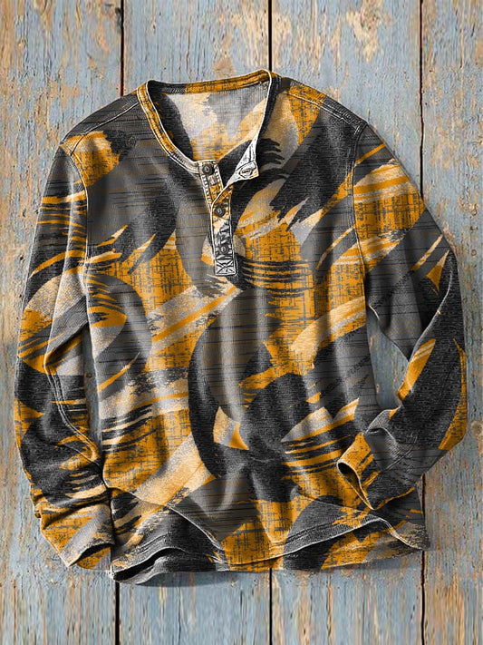 Abstract Brushstroke Camouflage Print Casual Long-Sleeve Henley Shirt