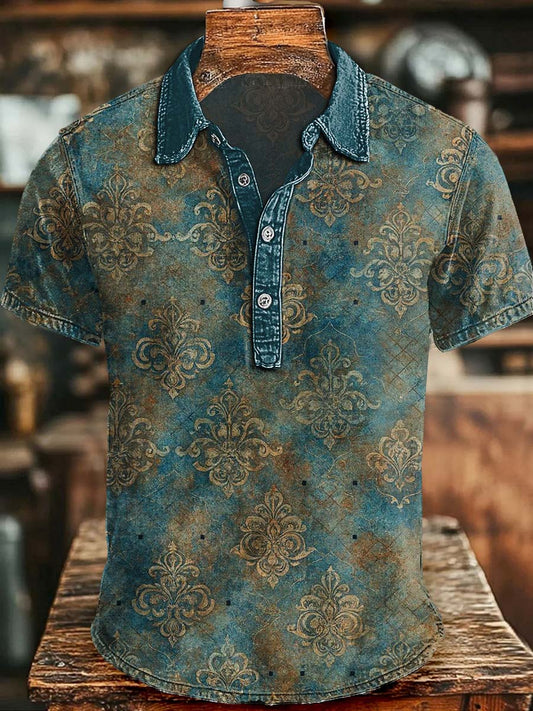 Vintage-Washed Baroque Floral Print Casual Short-Sleeve Polo Shirt