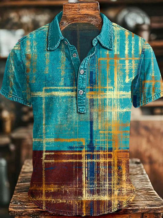 Vintage-Washed Plaid Print Casual Short-Sleeve Polo Shirt