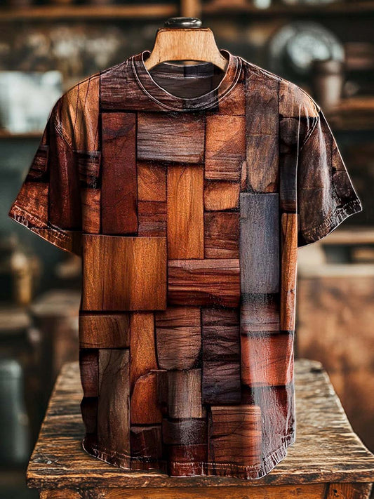 Wood-grain Textured Print Casual Short-Sleeve T-Shirt