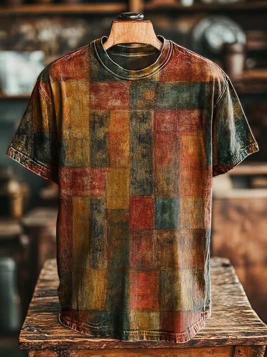 Retro Color-Blocked Print Casual Short-Sleeve T-Shirt